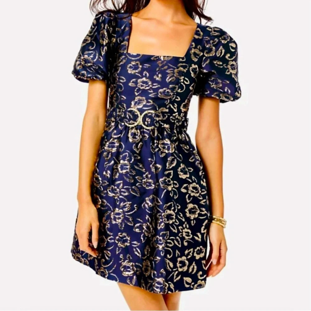 Lilly Pulitzer Kasslyn Dress in High Tide Navy/ Gold Floral Brocade - worn once!